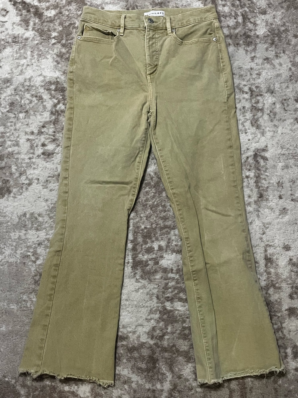 LOFT Womens Jeans Size 2 26x26 Raw Hem Flare Wide Leg Stretch Olive Tan Khaki